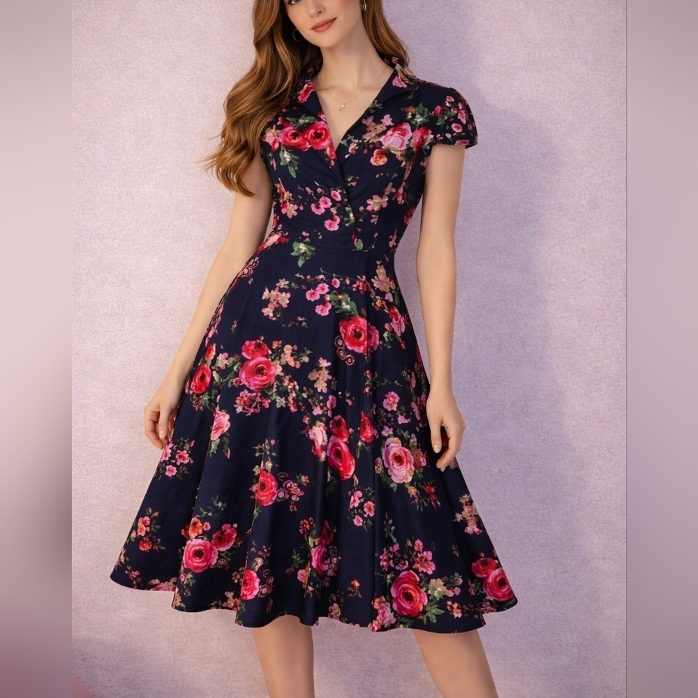 Hearts & Roses Midnight Garden Floral Rose Swing Cap Sleeve Shirt Dress